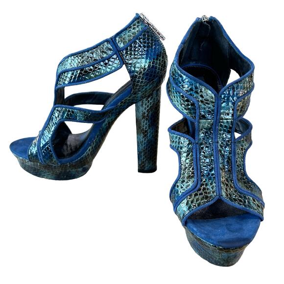 Rachel Zoe Heels Size 8 Peggy Style Real Snakeskin Kid Suede Blue Black Zipper - Picture 2 of 11